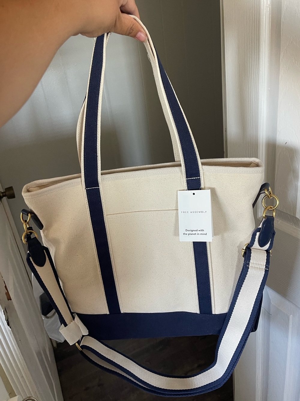Cream Canvas Tote with Navy Interior